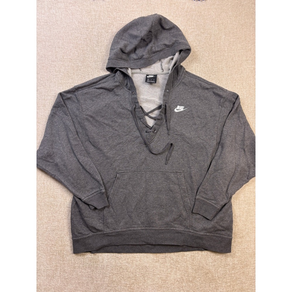 Nike Womens Lace Up Hoodie Charcoal Grey French Terry Pullover XL
